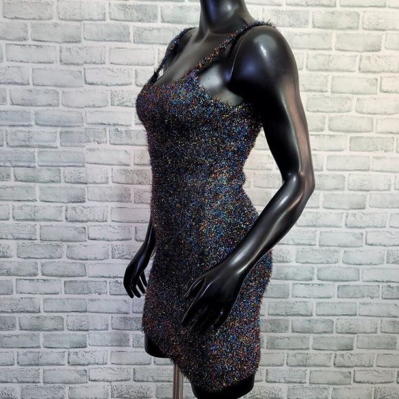 Rehab Brand Womens S Colorful Tinsel Fuzzy Bodycon Mini Cocktail Dress - Picture 7 of 10